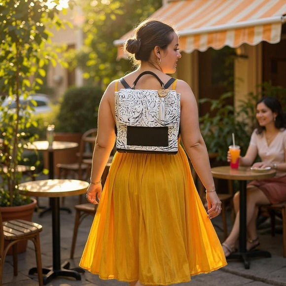 LEATHER White & Black BACKPACK Embossed Tooled Artisan Shoulder Bag Purse Hobo - Picture 3 of 16